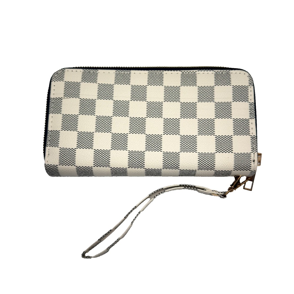 Cream Off White|Grey Checkered Zip Wallet Clutch Wristlet Coin Card Cash Purse